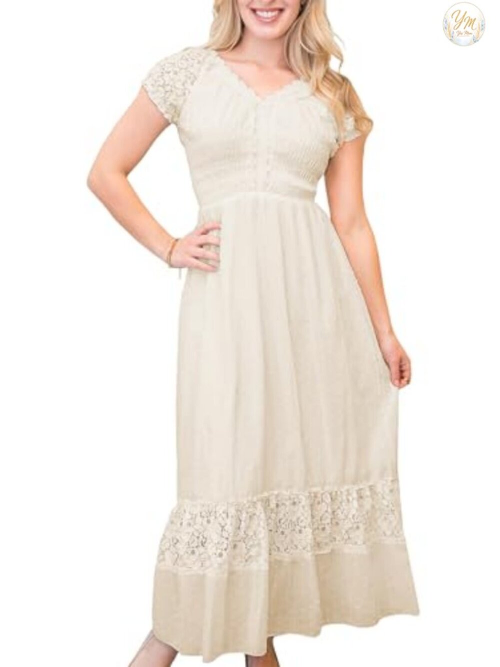 Renaissance Peasant Maxi Dress Cotton Blend Lace Trim Cap Sleeve